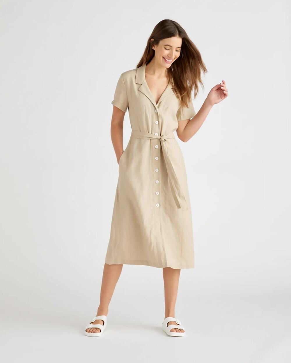 Quince European Linen *In Brown* Belted Midi Shirt Dress XS